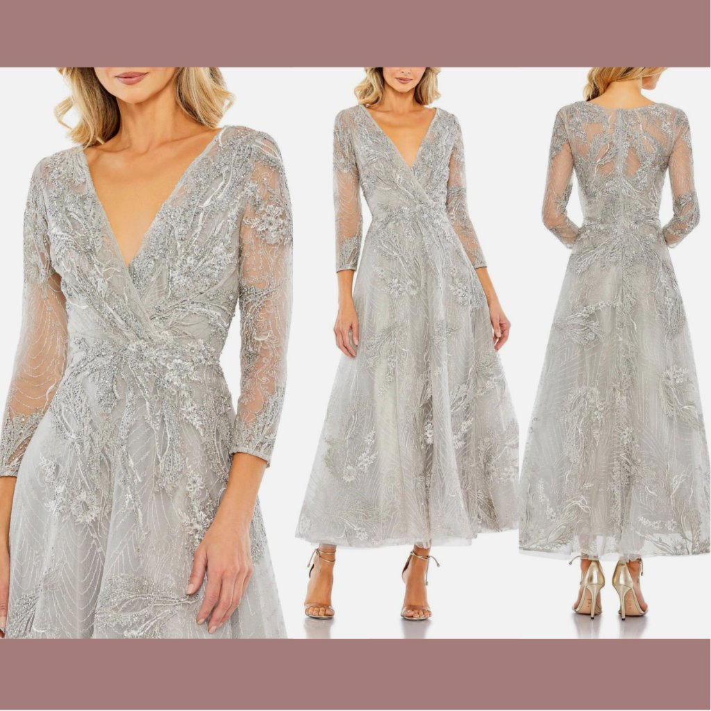 Nwt $698 Mac Duggal [ 8 ] Embellished Wrap Over 3/4 Sleeve Midi Dress #S838